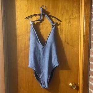 Woman’s aerie Blue Halter One-Piece Swimsuit Large